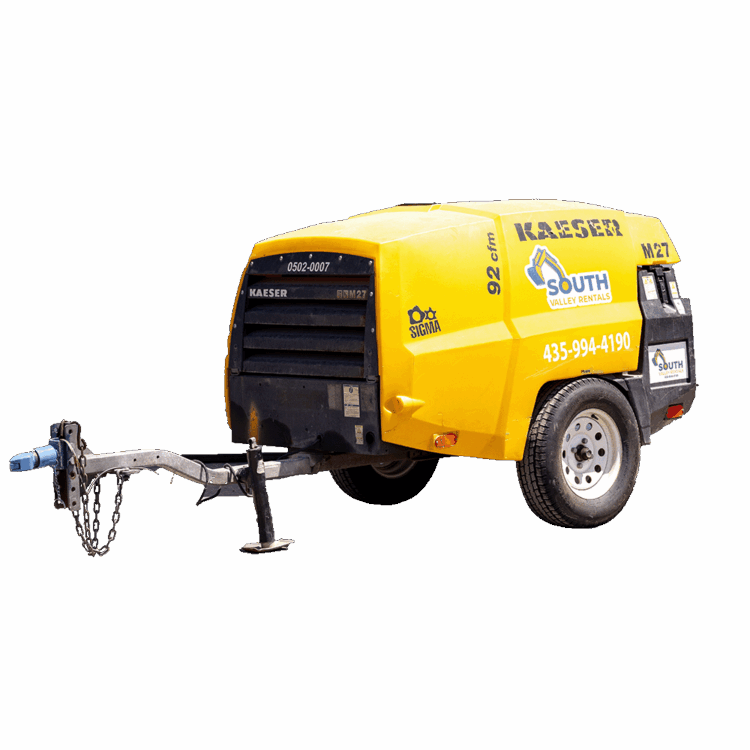 Rental towable air compressor. This rentable equipment is a versatile portable screw compressor that offers heavy-duty performance in a lightweight package. It delivers 92 cfm at 100 psig.